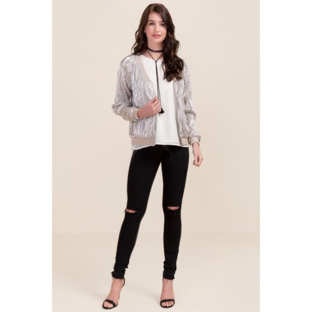 Francesca's‎ Cassie Metallic Fall Metallic Casual Chic Bomber Jacket Gold Silver